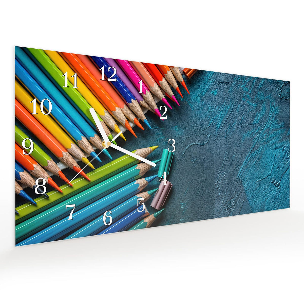 Vormontiert – mit Schwebeeffekt – Wanduhr Buntstifte auf Holz aus Glas – Querformat 60 × 30 cm