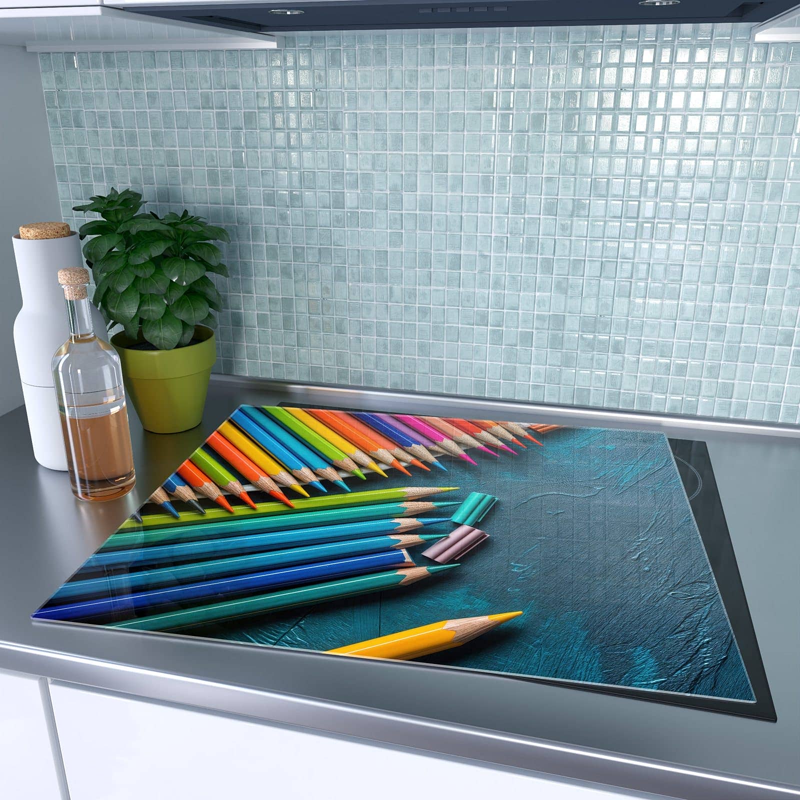 1-teilige Herdabdeckplatte aus Glas mit Buntstifte auf Holz-Motiv auf dem Ceranfeld