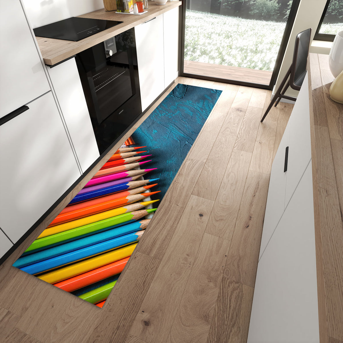 Rutschfester Küchenteppich mit Motiv Buntstifte auf Holz in moderner Küche
