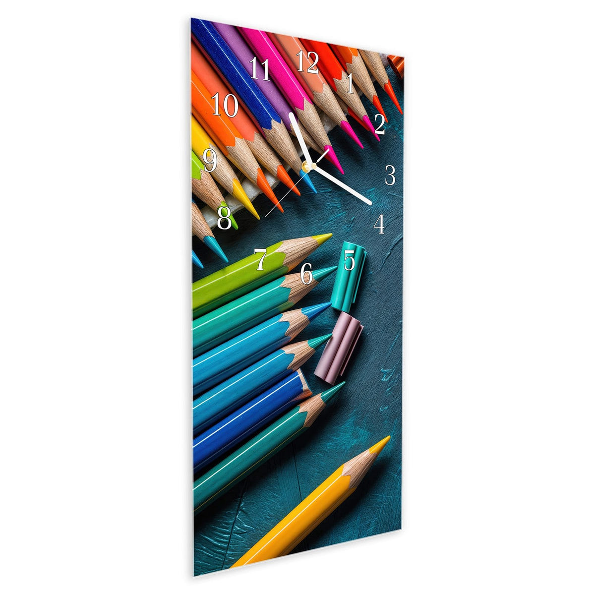 Vormontiert – mit Schwebeeffekt – Wanduhr Buntstifte auf Holz aus Glas – Hochformat 30 × 60 cm