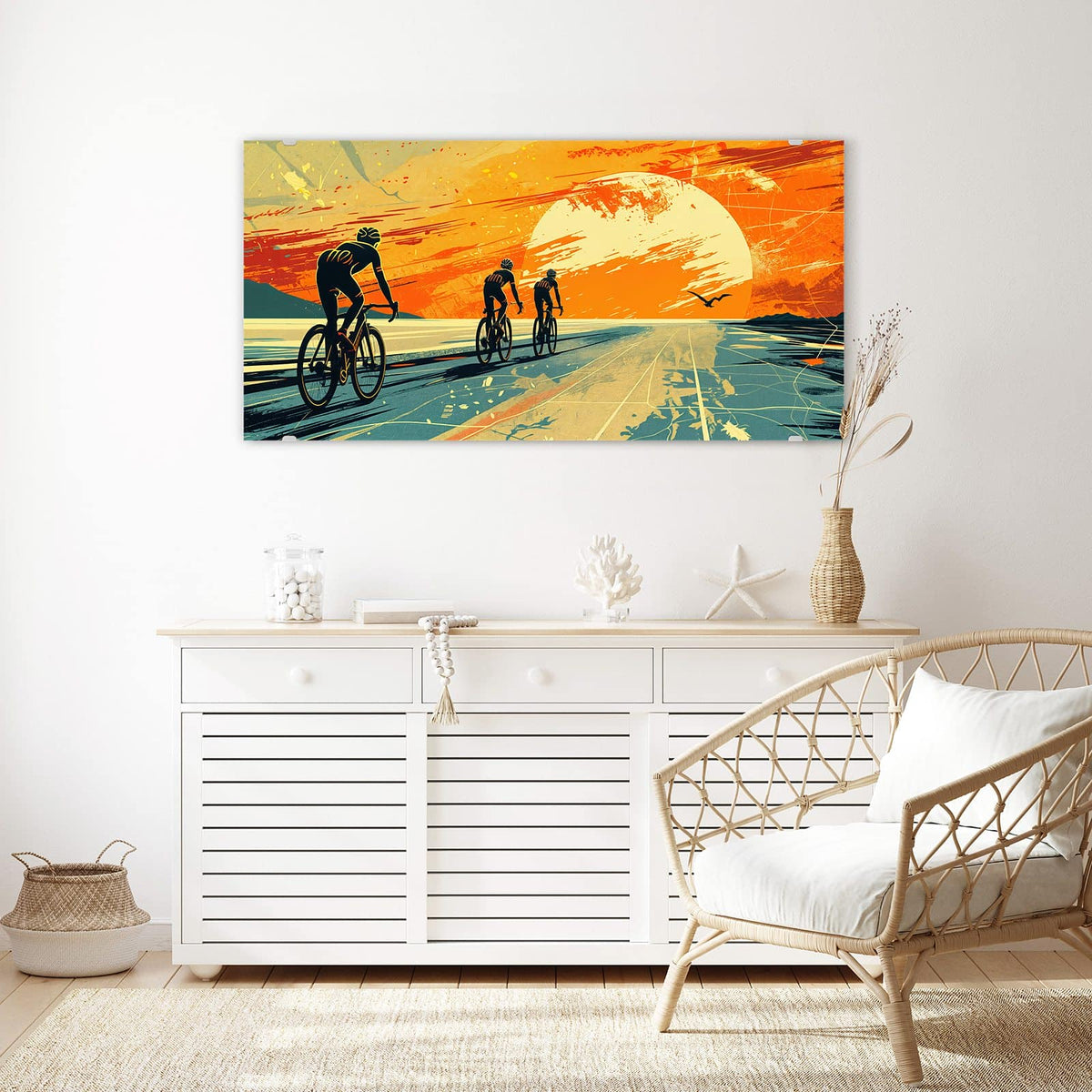Echtglas, 4 mm – kein Acryl, keine Folie – Wandbild - Radfahrer im Abendrot - Querformat