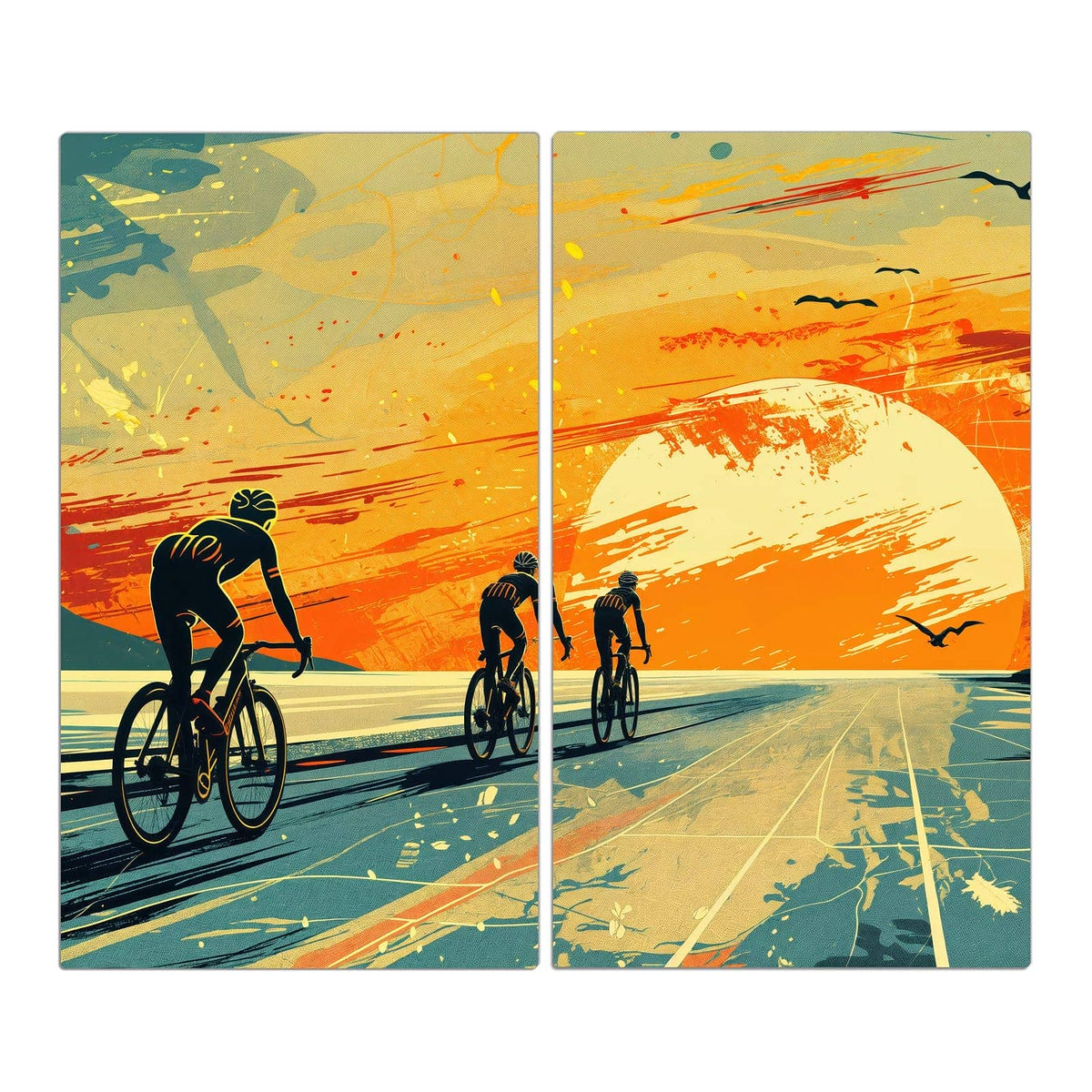 Retro-Illustration: drei Radfahrer als Silhouetten auf einer Straße vor großer oranger Sonne.