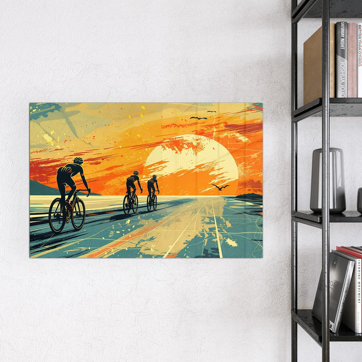 Magnettafel - Radfahrer im Abendrot – Radfahrer vor orangem Sonnenuntergang