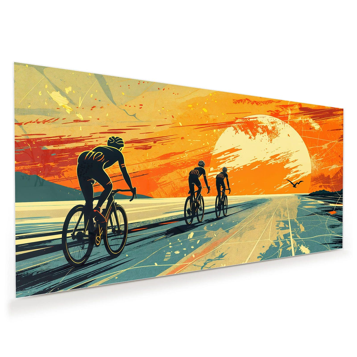 Retro-Illustration: drei Radfahrer als Silhouetten auf einer Straße vor großer oranger Sonne.