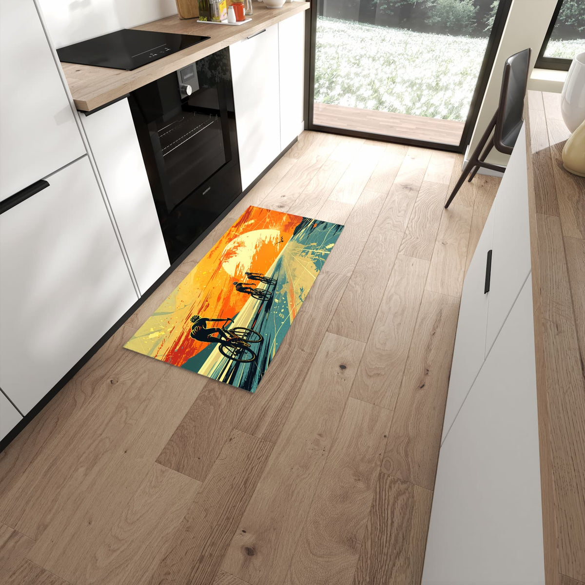 Bodenschonender Küchenläufer mit Motiv Radfahrer Sonnenuntergang in moderner Küche #grösse_60 x 120 cm