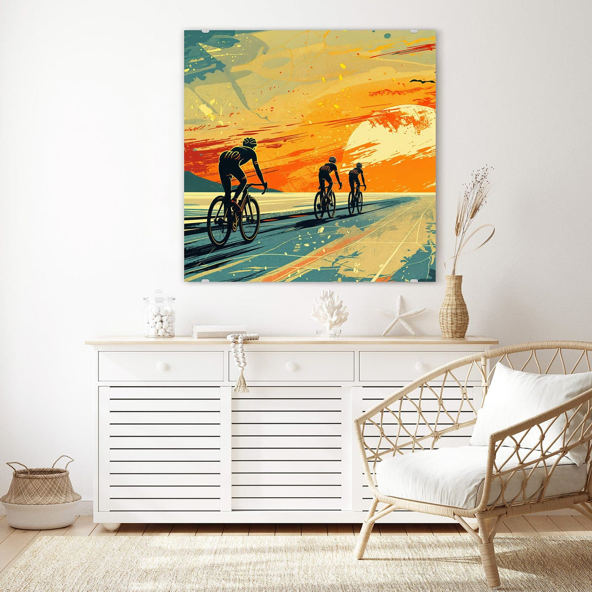 Glasbild Radfahrer im Abendrot an der Wand – Retro-Illustration: drei Radfahrer als Silhouetten auf einer Straße vor großer oranger Sonne.