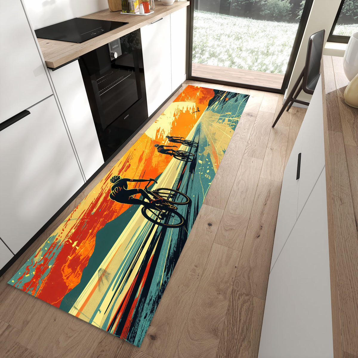 Wasserabweisender Küchenläufer mit Motiv Radfahrer Sonnenuntergang in moderner Küche
