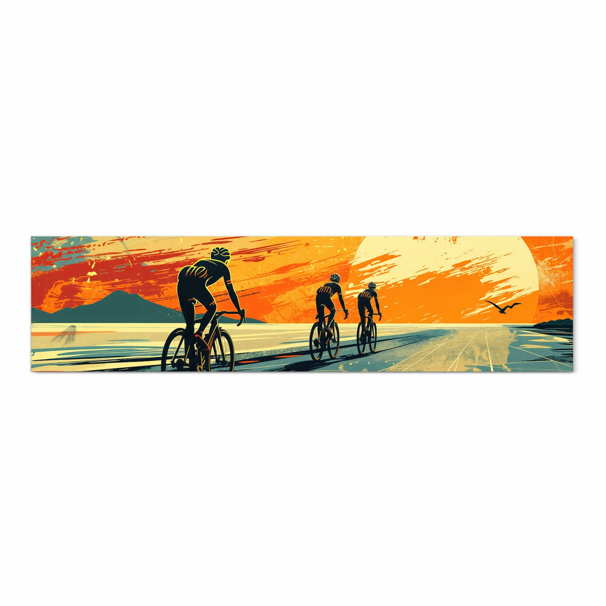 Pflegeleichter Küchenläufer mit Motiv Radfahrer Sonnenuntergang in Frontansicht