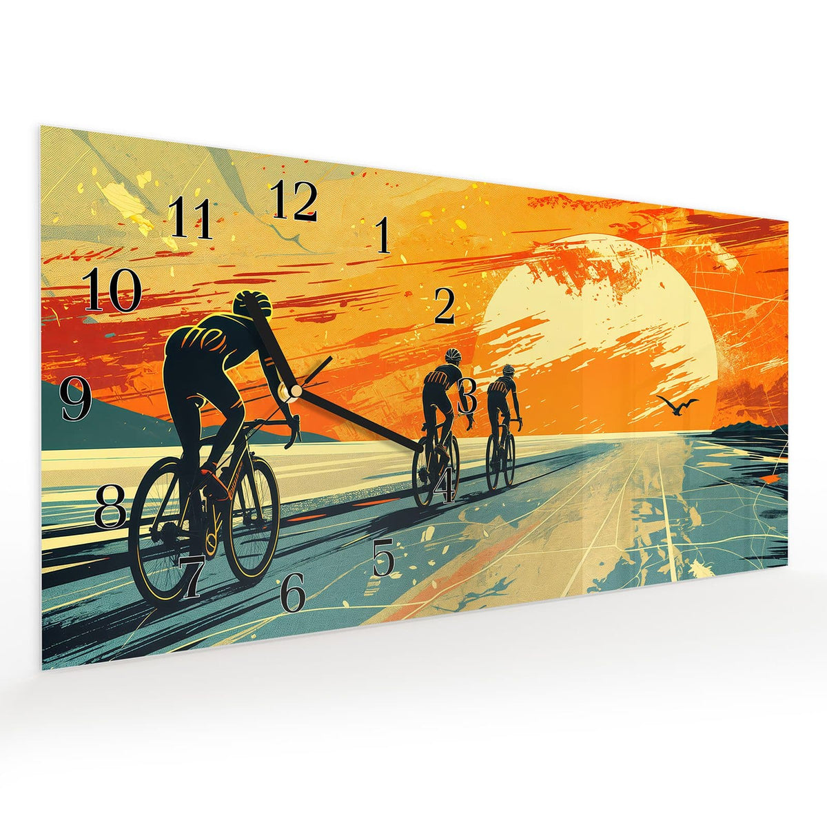 Vormontiert – mit Schwebeeffekt – Wanduhr Radfahrer Sonnenuntergang aus Glas – Querformat 60 × 30 cm