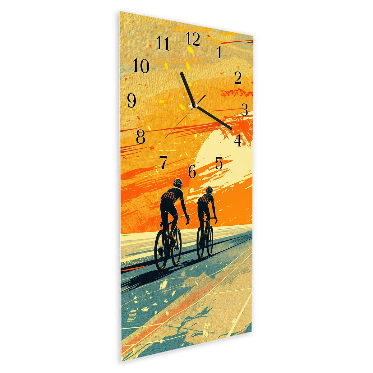 Vormontiert – mit Schwebeeffekt – Wanduhr Radfahrer Sonnenuntergang aus Glas – Hochformat 30 × 60 cm