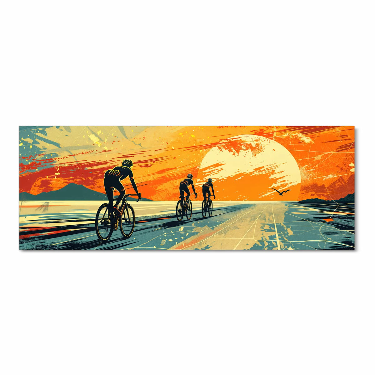 Waschbarer rutschfester Läufer mit Motiv Radfahrer Sonnenuntergang in Frontansicht