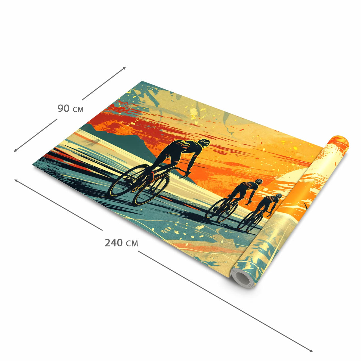 Langlebiger Küchenläufer mit Motiv Radfahrer Sonnenuntergang in der Grösse 60x270 cm