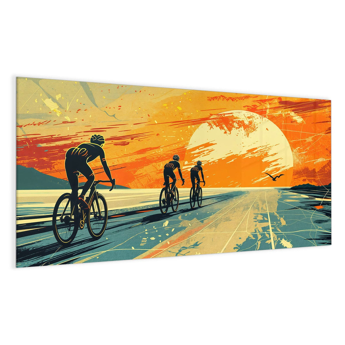 Retro-Illustration: drei Radfahrer als Silhouetten auf einer Straße vor großer oranger Sonne.