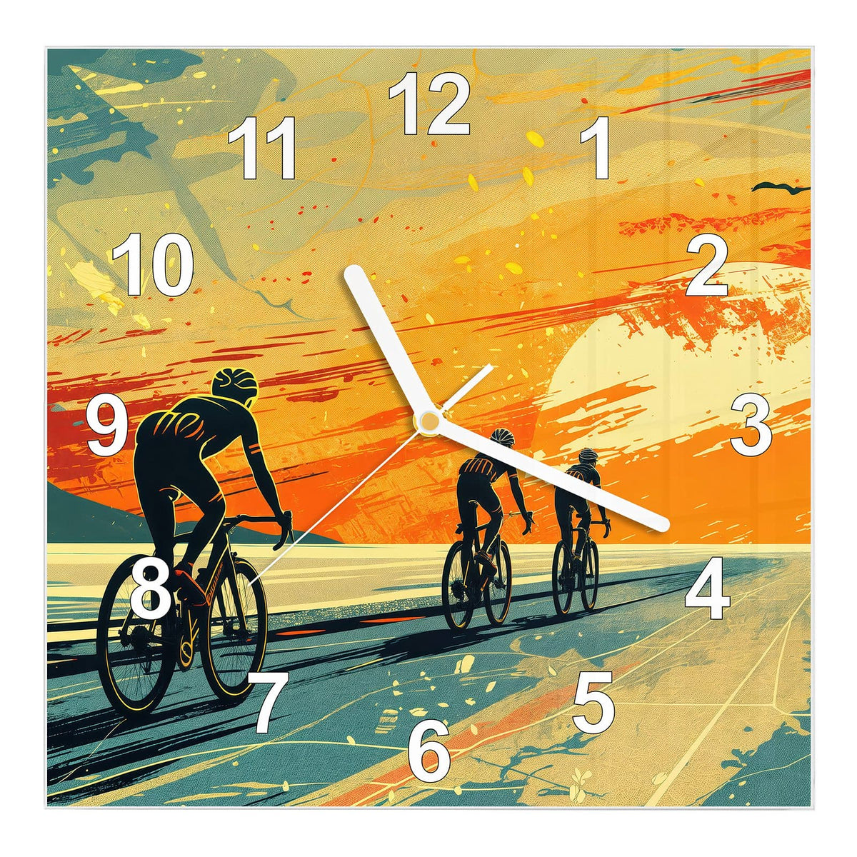 Wanduhr aus Glas, Ziffernblatt Modern mit Motiv Radfahrer im Abendrot: Retro-Illustration #ziffernblatt_Modern