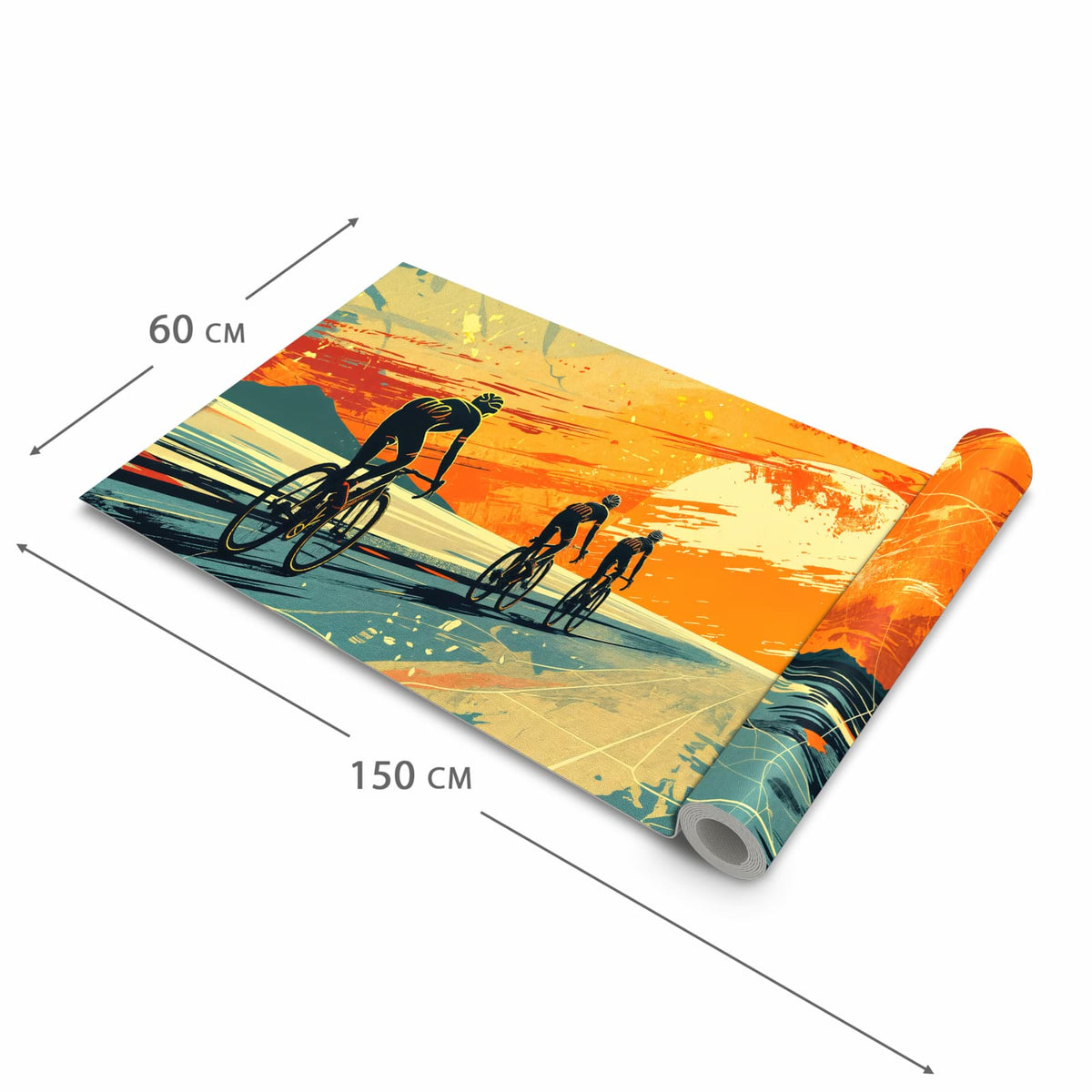 Formstabiler Küchenteppich mit Motiv Radfahrer Sonnenuntergang in der Grösse 60x270 cm