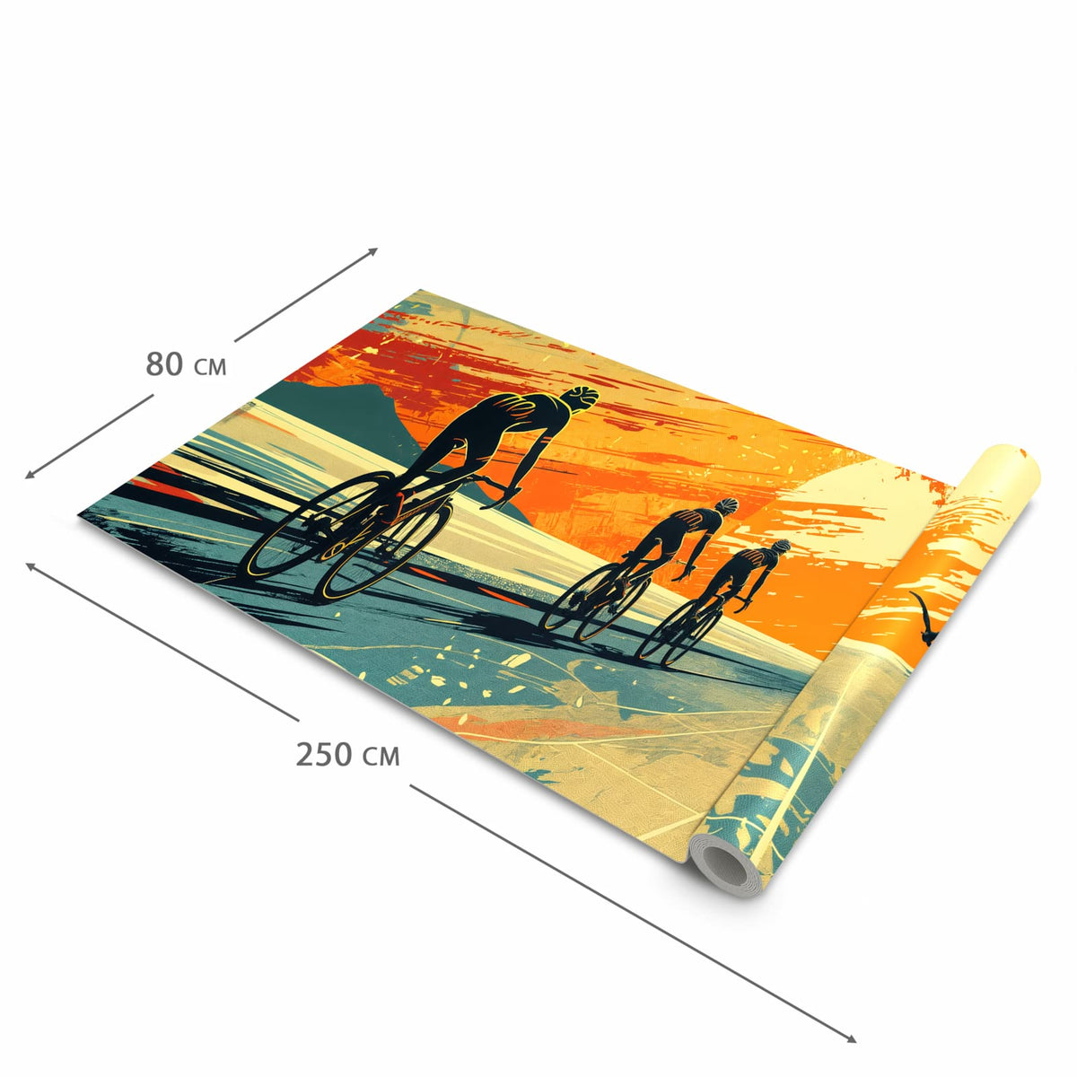 Wasserabweisender Küchenläufer mit Motiv Radfahrer Sonnenuntergang in der Größe 60x270 cm