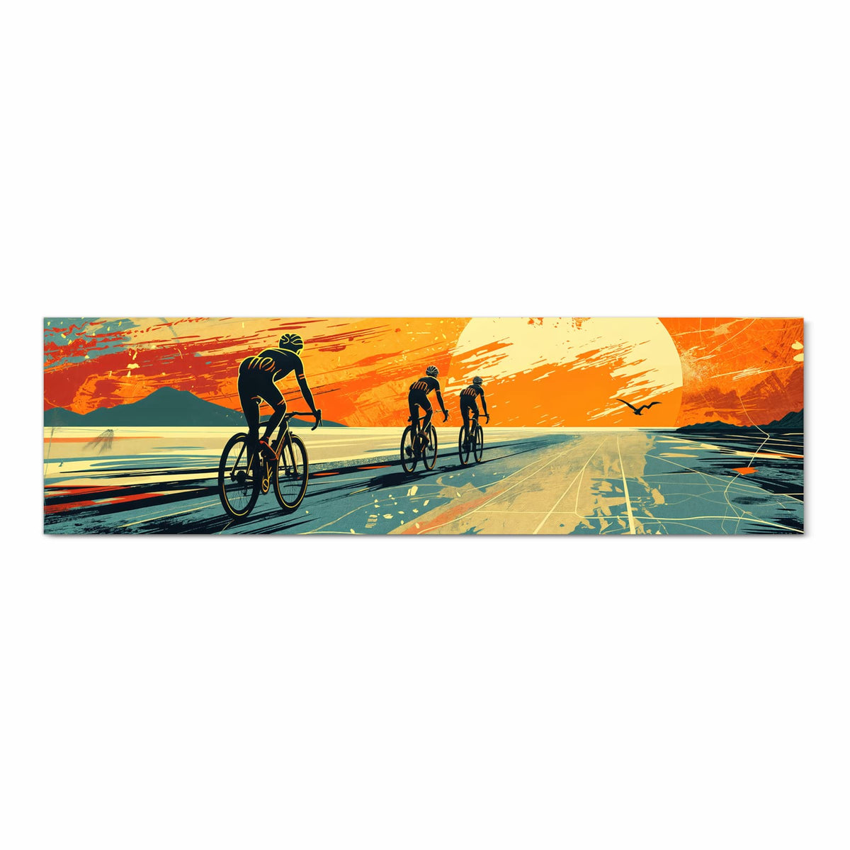 Hygienischer langer Teppich für Flur mit Motiv Radfahrer Sonnenuntergang in Frontansicht
