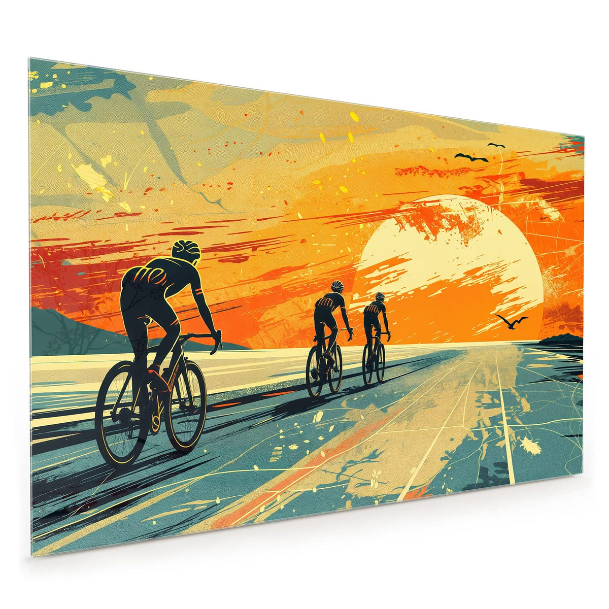 Küchenrückwand aus Glas im Hochformat mit Motiv Radfahrer im Abendrot: Retro-Illustration