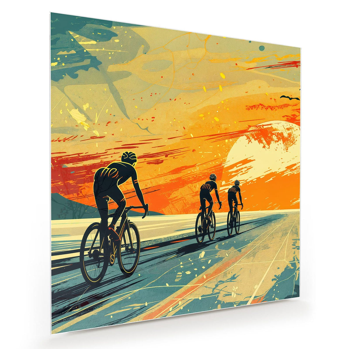 Retro-Illustration: drei Radfahrer als Silhouetten auf einer Straße vor großer oranger Sonne.