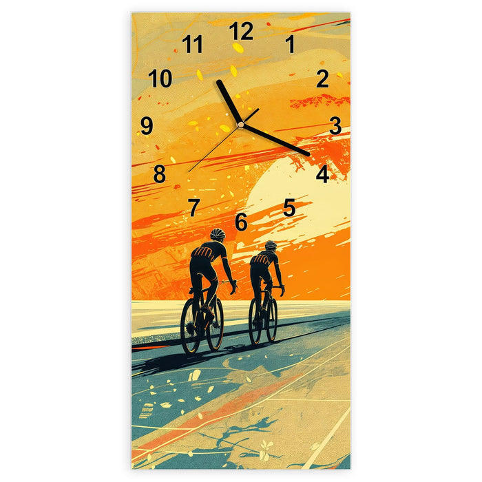 Wanduhr Radfahrer Sonnenuntergang aus Glas – Hochformat 30 × 60 cm mit Ziffernblatt Modern