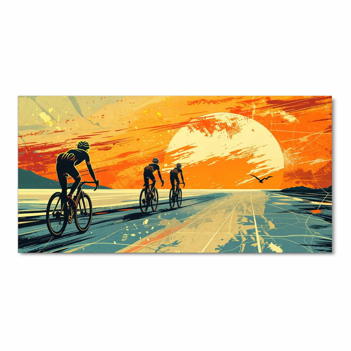 Geruchsneutraler Küchenteppich mit Motiv Radfahrer Sonnenuntergang in Frontansicht
