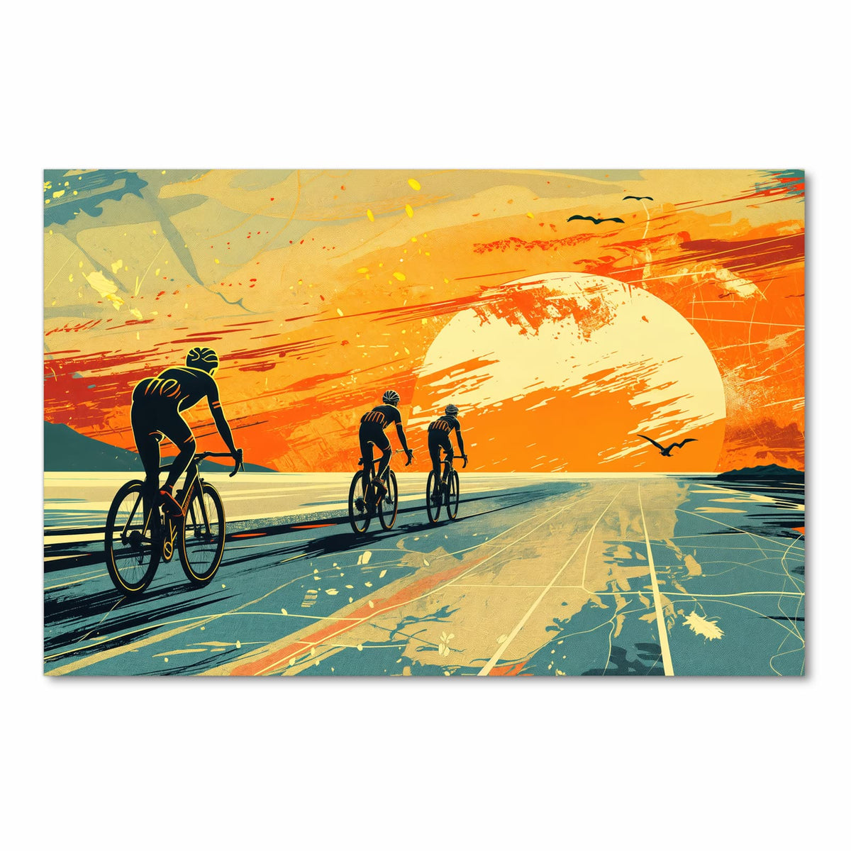 Waschbarer Küchenläufer mit Motiv Radfahrer Sonnenuntergang in Frontansicht für einfache Reinigung