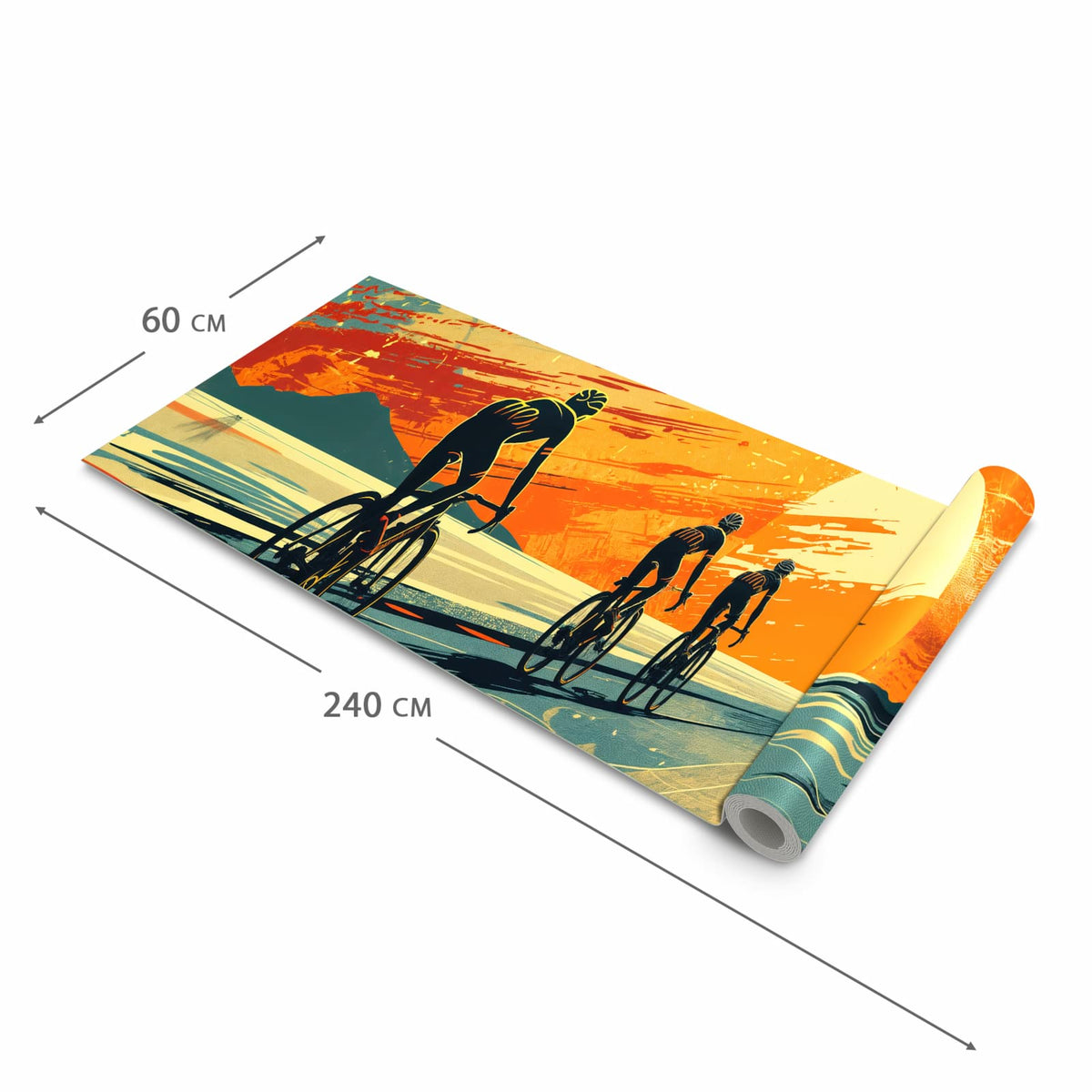 Zeitsparender Küchenteppich mit Motiv Radfahrer Sonnenuntergang in der Grösse 60x270 cm
