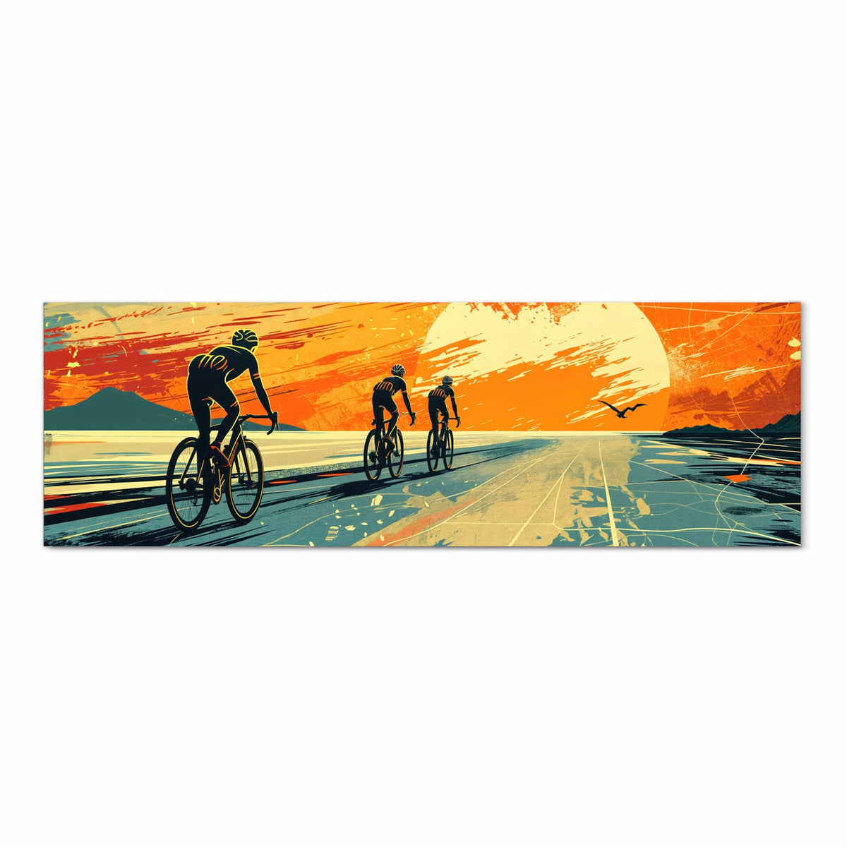 Waschbarer Küchenläufer mit Motiv Radfahrer Sonnenuntergang in Frontansicht für angenehme Haptik