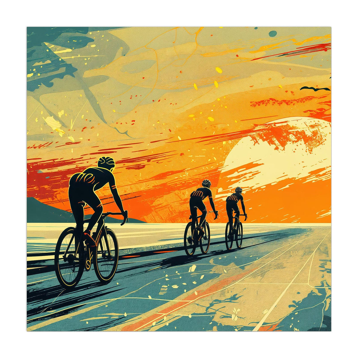 Küchenrückwand aus Glas Radfahrer im Abendrot im quadratischen Format, Motiv bildfüllend von vorn