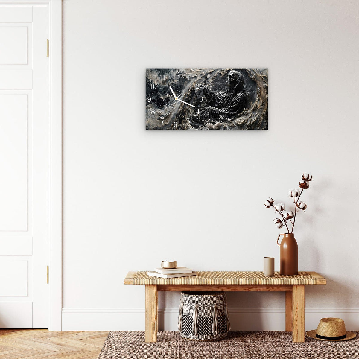 Moderne Wanduhr aus Glas mit Farbtiefe – Wanduhr Skelett in Wellen aus Glas – Querformat 60 × 30 cm