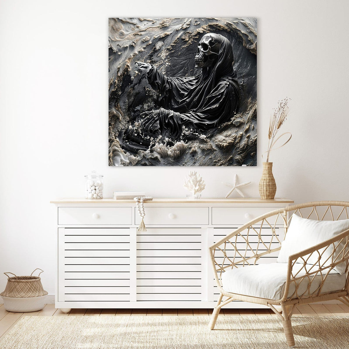 Echtglas, 4 mm – kein Acryl, keine Folie – Wandbild - Skelett in Wellen - Quadratisch
