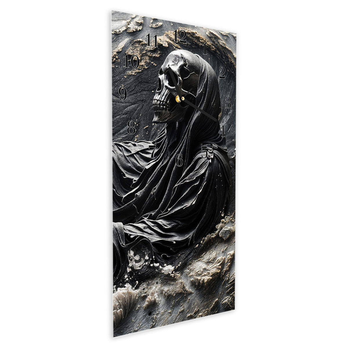 Vormontiert – mit Schwebeeffekt – Wanduhr Skelett in Wellen aus Glas – Hochformat 30 × 60 cm