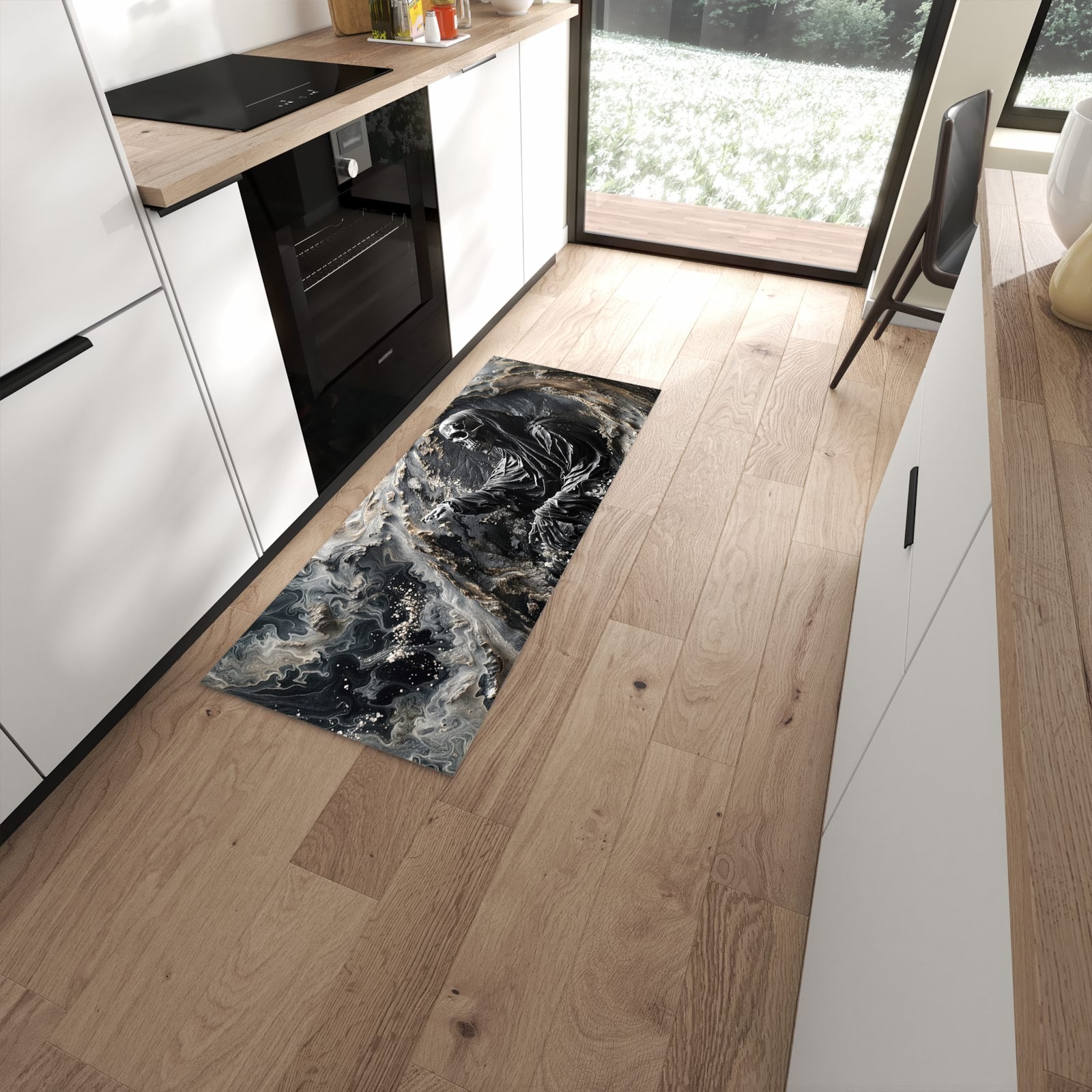 Komfortabler waschbarer Küchenteppich mit Motiv Skelett in Wellen in moderner Küche #grösse_60 x 150 cm