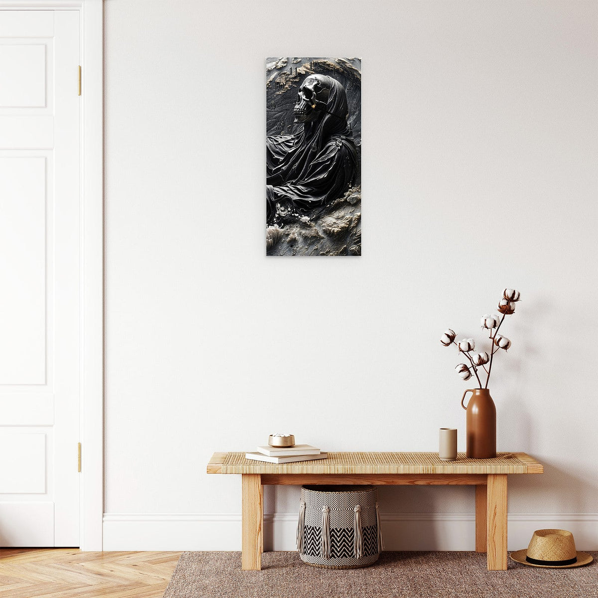 Moderne Wanduhr aus Glas mit Farbtiefe – Wanduhr Skelett in Wellen aus Glas – Hochformat 30 × 60 cm