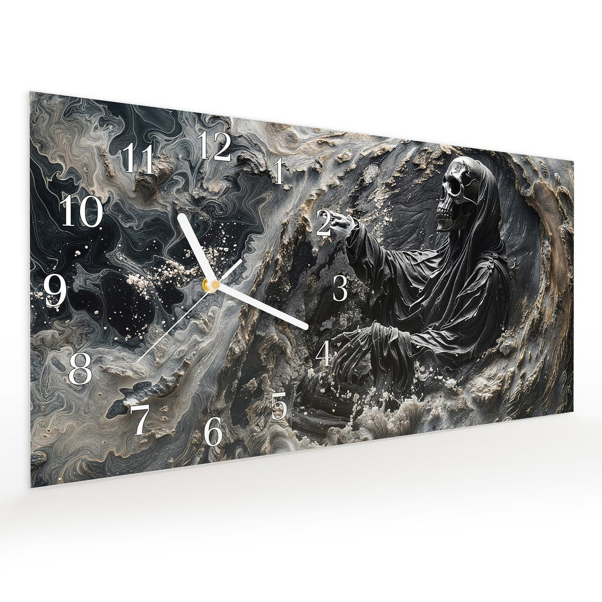 Vormontiert – mit Schwebeeffekt – Wanduhr Skelett in Wellen aus Glas – Querformat 60 × 30 cm