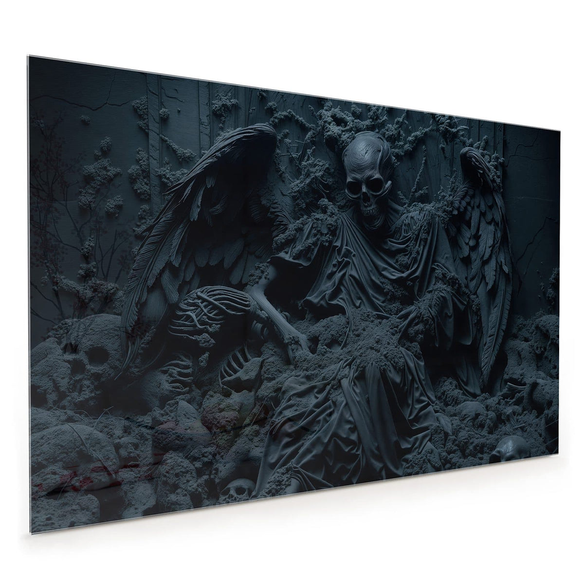 Küchenrückwand aus Glas im Hochformat mit Motiv Geflügeltes Skelett: Dunkelblaues Relief: Gerippe mit Totenschädel in Gewand, große Flügel