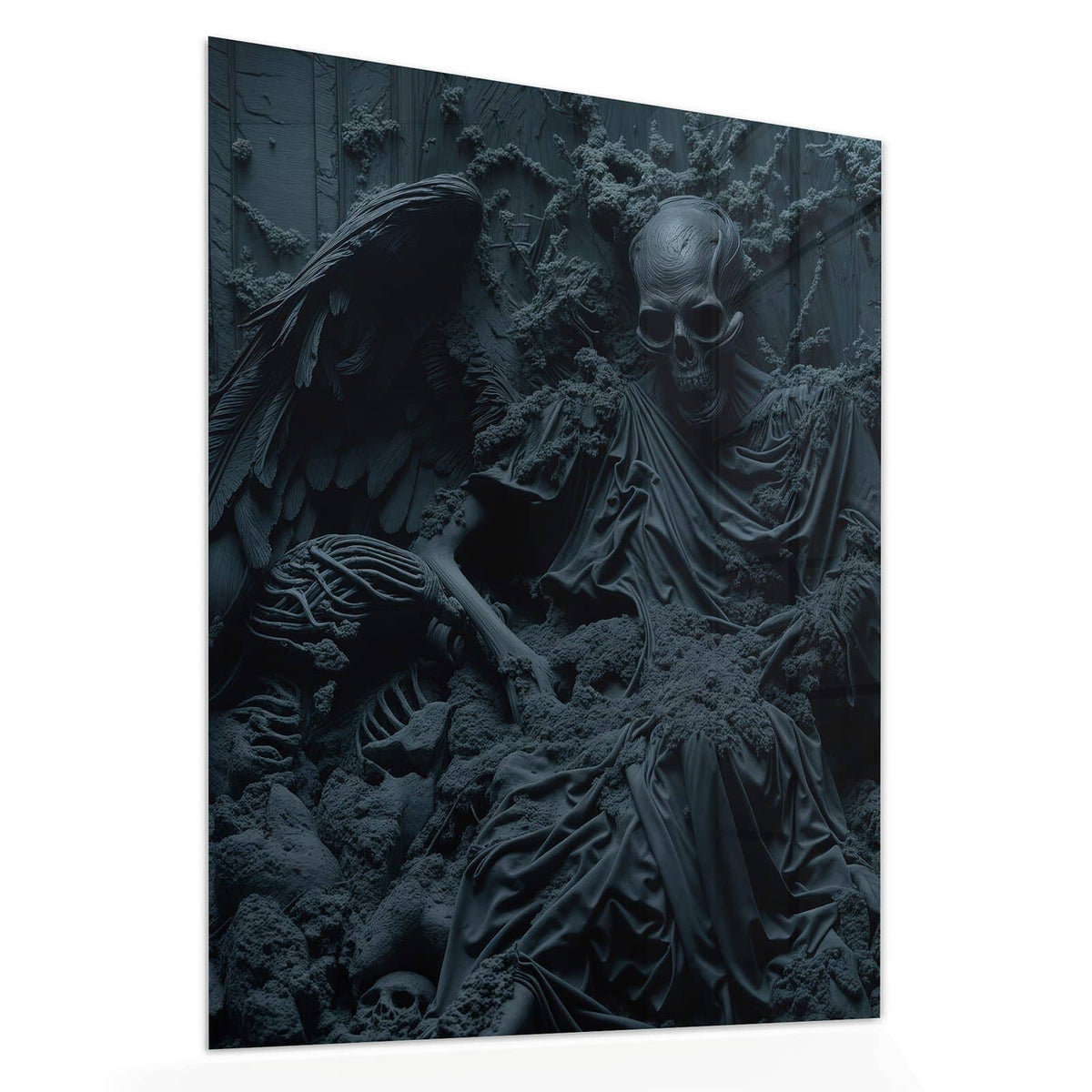 Echtglas, 4 mm – kein Acryl, keine Folie – Wandbild - Geflügeltes Skelett - Hochformat