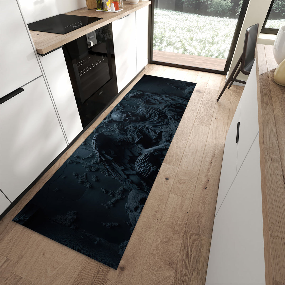 Fleckenresistenter waschbarer Teppich mit Motiv Skeletthüter in moderner Küche