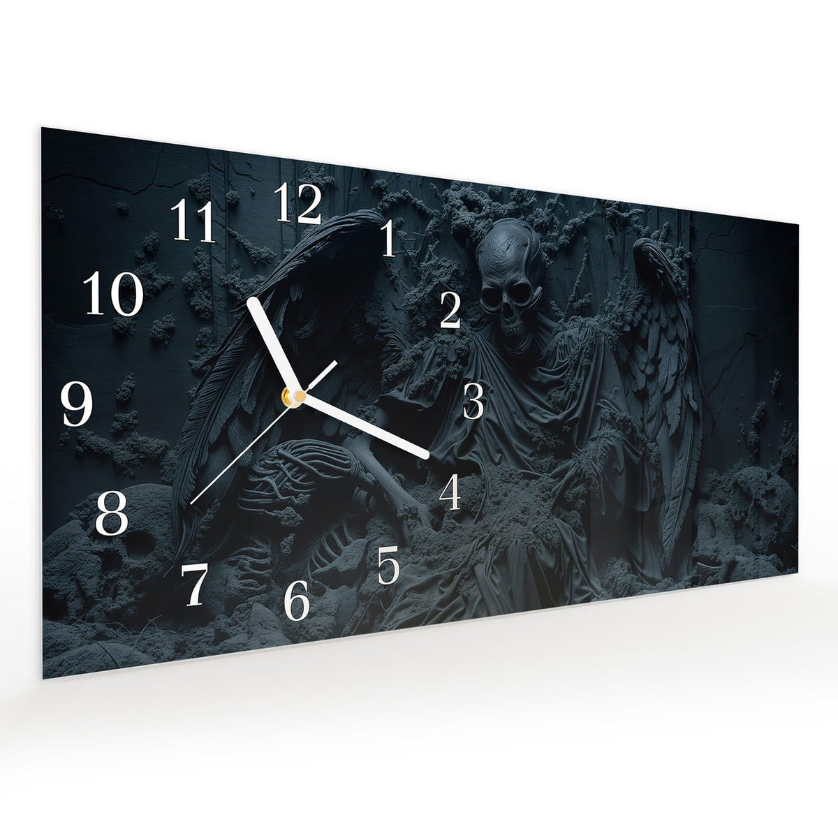 Vormontiert – mit Schwebeeffekt – Wanduhr Skeletthüter aus Glas – Querformat 60 × 30 cm