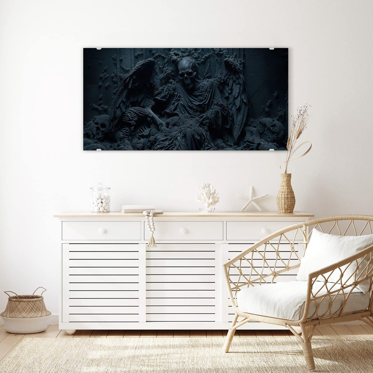 Echtglas, 4 mm – kein Acryl, keine Folie – Wandbild - Geflügeltes Skelett - Querformat