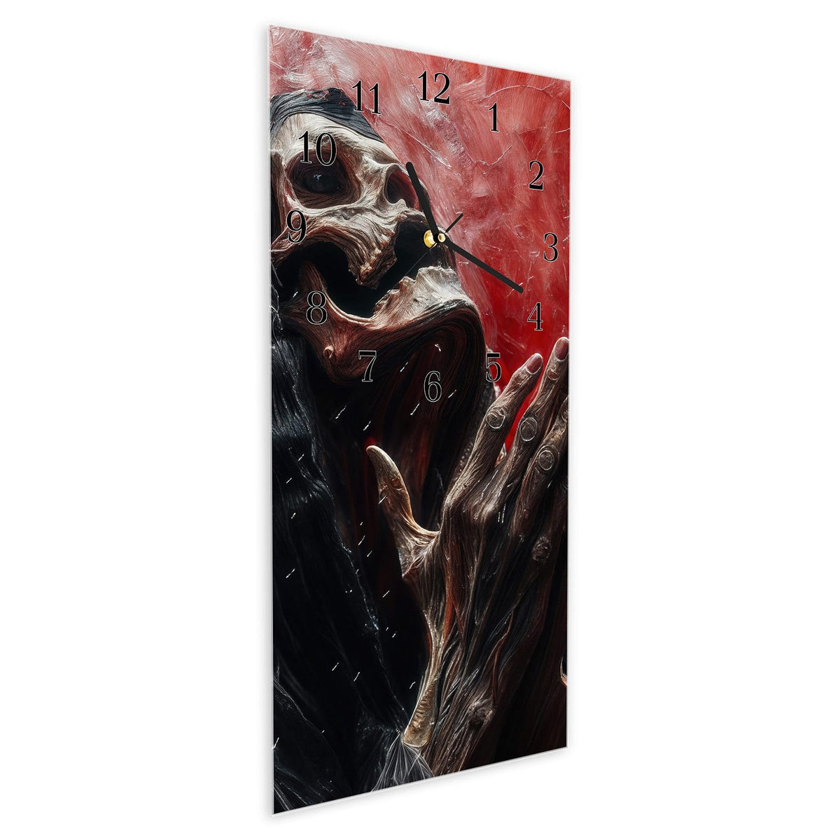 Vormontiert – mit Schwebeeffekt – Wanduhr Skelettbetende Hände aus Glas – Hochformat 30 × 60 cm