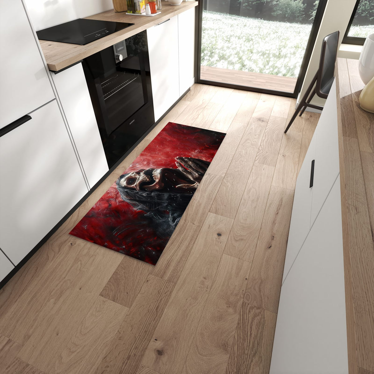 Pflegeleichter Küchenteppich mit Motiv Skelettbetende Hände in moderner Küche #grösse_60 x 150 cm