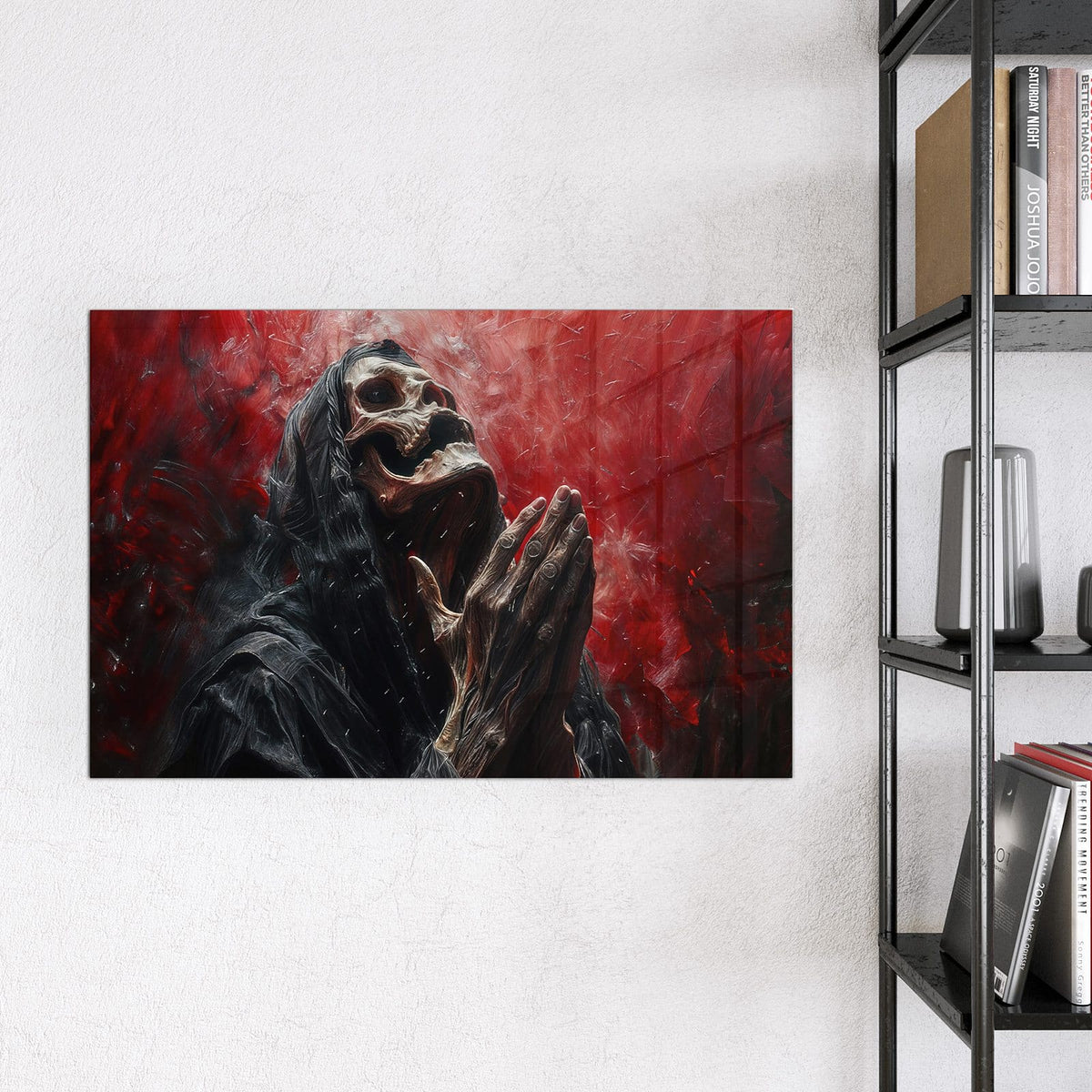 Magnettafel - Betendes Skelett – Betende Schädelfigur vor Rot