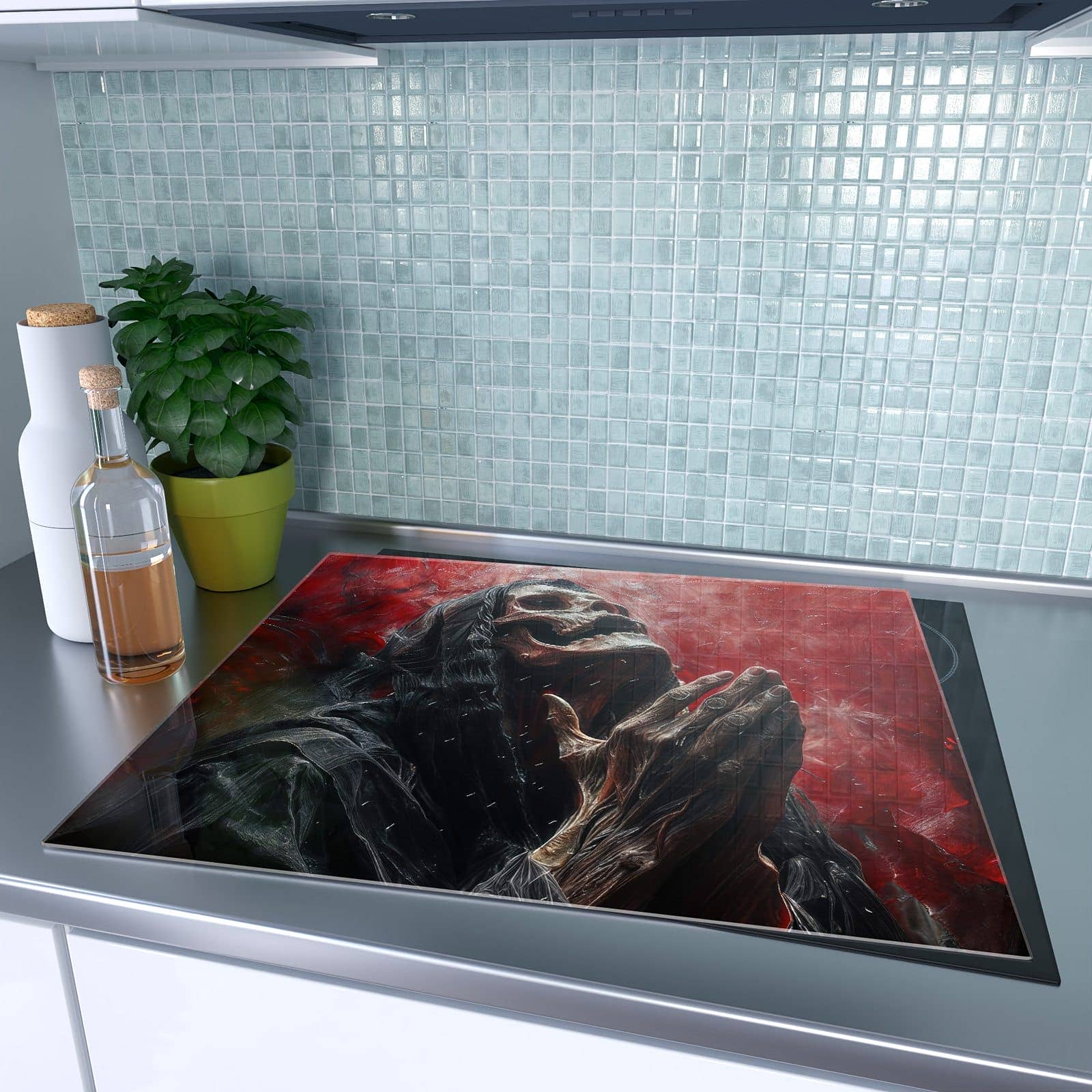 1-teilige Herdabdeckung für Induktionsfeld mit Skelettbetende Hände-Motiv auf dem Ceranfeld