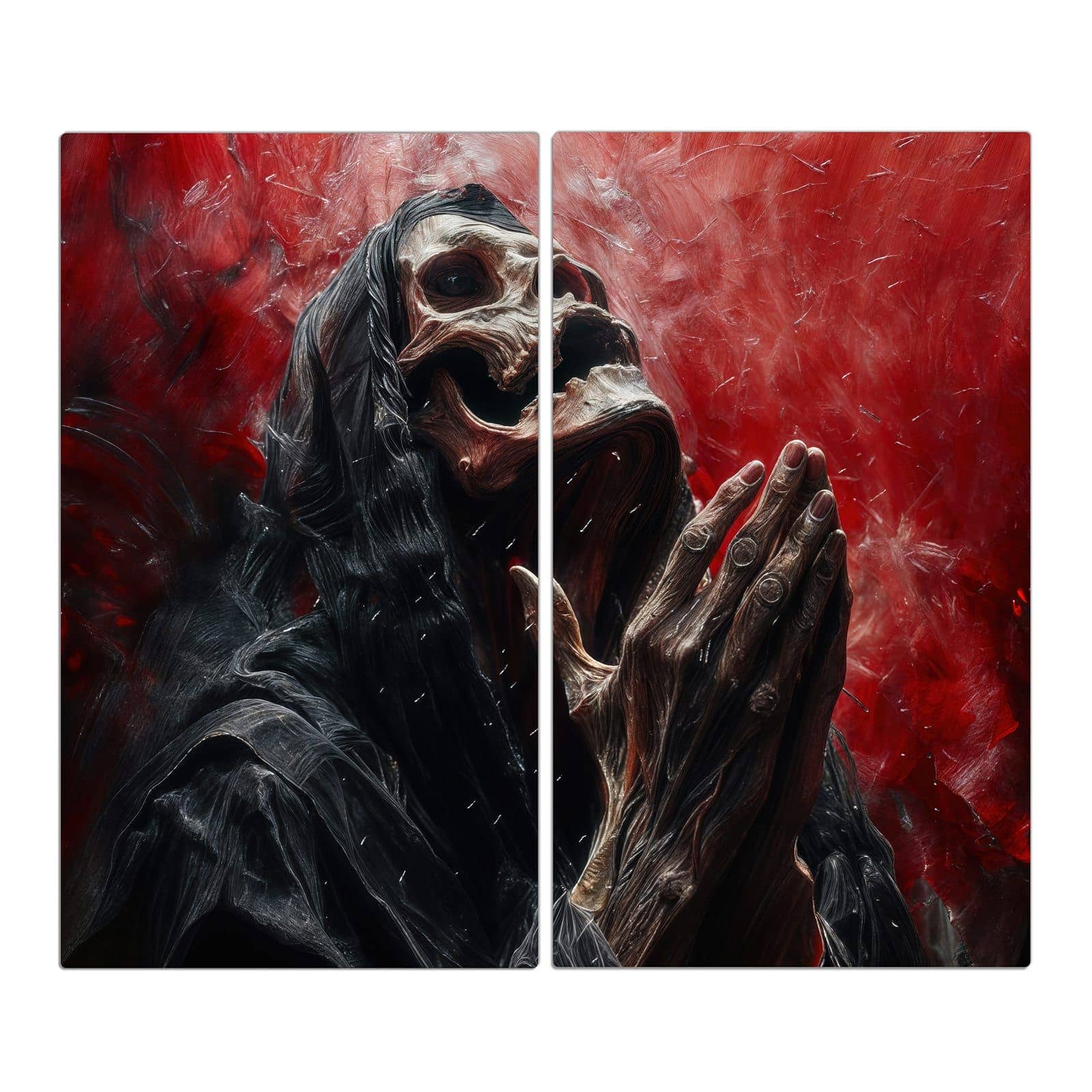 2-teilige Herdabdeckplatten aus Glas mit Skelettbetende Hände-Motiv in der Frontansicht #grösse_2-Teilig (60x52cm)