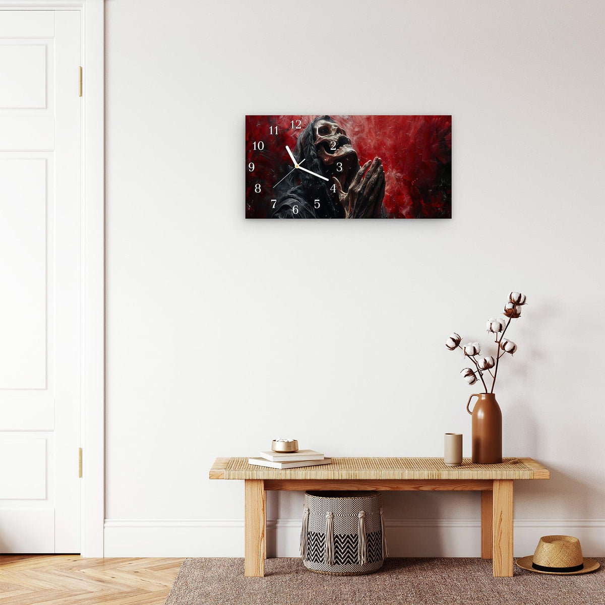 Moderne Wanduhr aus Glas mit Farbtiefe – Wanduhr Skelettbetende Hände aus Glas – Querformat 60 × 30 cm