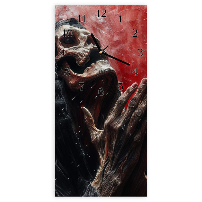 Wanduhr Skelettbetende Hände aus Glas – Hochformat 30 × 60 cm mit Ziffernblatt Klassisch