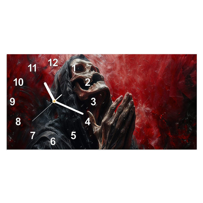 Wanduhr Skelettbetende Hände aus Glas – Querformat 60 × 30 cm mit Ziffernblatt Modern