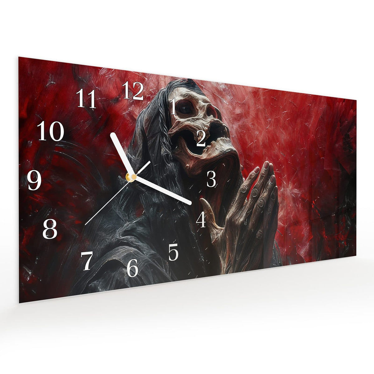 Vormontiert – mit Schwebeeffekt – Wanduhr Skelettbetende Hände aus Glas – Querformat 60 × 30 cm