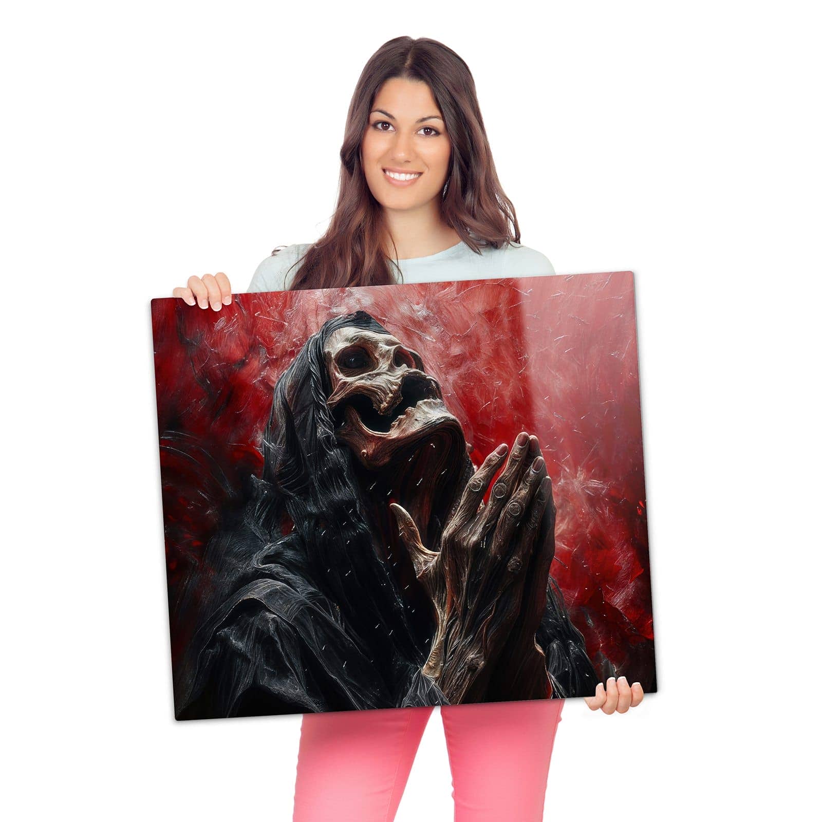 1-teilige Abdeckplatte für Herd mit Skelettbetende Hände-Motiv wird zur Größendarstellung gehalten